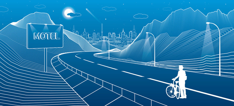 The road in the mountains, night city scene, cyclist preparing for a trip. Billboard with the word Motel. Neon town on background, white lines landscape, vector design art