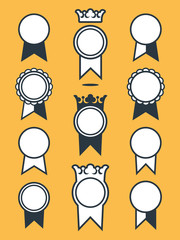 Vector image of medal badges with ribbons isolated against yellow background
