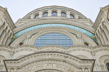 Fototapeta premium Kronstadt, Russia. The architectural fragment of the Naval cathedral of Saint Nicholas in winter. The lettering at the upper part.