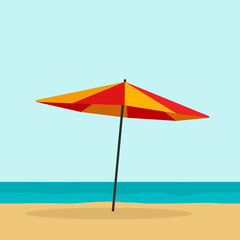 Beach umbrella vector illustration isolated, flat cartoon red orange umbrella on empty beach and sea horizon