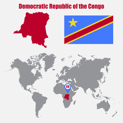 Democratic Republic of the Congo map on a world map with flag and map pointer. Vector illustration
