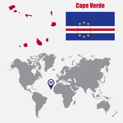 Cape Verde map on a world map with flag and map pointer. Vector illustration