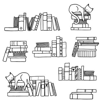 Hand drawn book stacks with cute sleeping cat