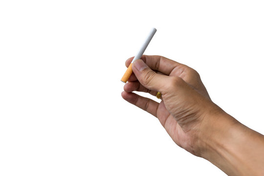Man's hand holding a cigarette isolated on white background.