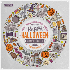 Round frame Halloween cartoon objects, symbols and items