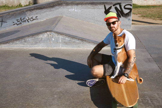 Surfer in baseball hat sits on his wooden longboard skate hugging his basenji dog in empty morning skate park funbox and looking at camera