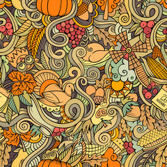 Cartoon cute doodles hand drawn Thanksgiving seamless pattern