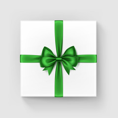 Square Gift Box with Shiny Green Bow and Ribbon