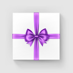 White Gift Box with Light Violet Bow and Ribbon