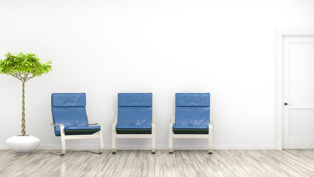 room with three blue chairs