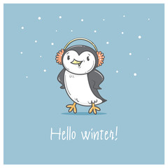 Card with cute cartoon  penguin in earmuffs. Winter time. Little Antarctic bird. Funny animal. Vector contour image. Children's illustration.