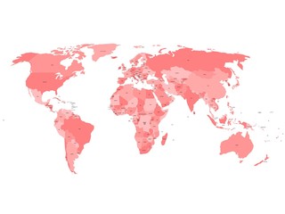 World map with names of sovereign countries and larger dependent territories. Simplified vector map in four shades of red on white background.