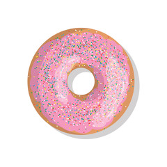 Tasty pink sweet donut icon with sprinkles isolated on white background. Top view illustration of doughnut for your cafe, restaurant, shop flyer and banner.
