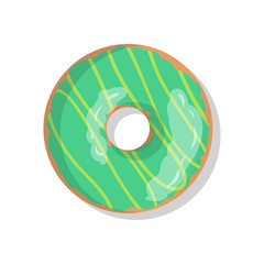 Tasty green sweet donut icon with sprinkles isolated on white background. Top view illustration of doughnut for your cafe, restaurant, shop flyer and banner.