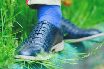 Legs in stylish shoes on grass