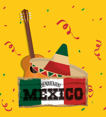 Hat and guitar. Mexico landmark and mexican culture theme. Colorful design. Vector illustration
