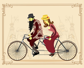 Fototapeta na wymiar Cool vector flat design happy mature man and woman characters couple riding tandem bicycle isolated. Love couple. Valentine's day greeting card. Vector cartoon illustration.