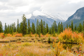 カナディアンロッキー　 秋の朝のバーミリオン・レイクとランドル山