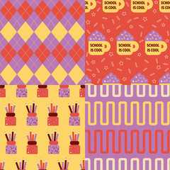 Back to school patterns - Collection of 4 school themed retro seamless patterns