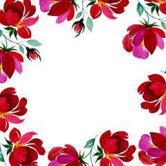 Hand drawn poster with colorful flowers illustration in watercolor. Could be used for: romantic decoration, background for cards, wedding or greeting.