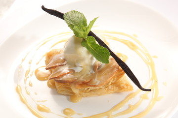 dessert with vanilla ice cream and Mint