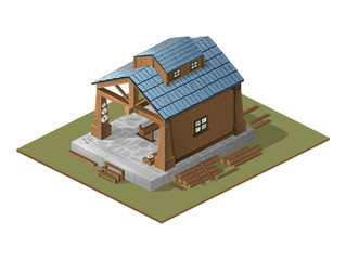 Illustration with the image of a workshop on wood.Work carried out in an isometric view.Wooden building as a workshop.