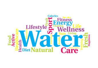 Natural food and water word cloud. Healthcare concept.