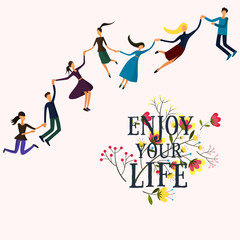 Group of young people jumping on white background with flowers. Vector