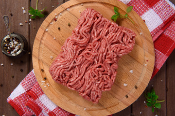 Minced meat on cutting board, top view