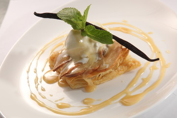 dessert with vanilla ice cream and Mint
