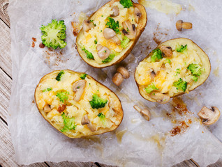 Broccoli, Cheese and Mushroom Chowder Potato. View from above, top studio shot