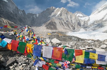 View from Mount Everest base camp with prayer flags