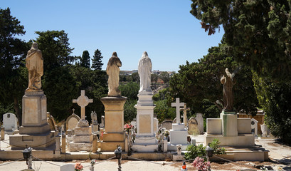 View of the tombstones, statues back to the viewer