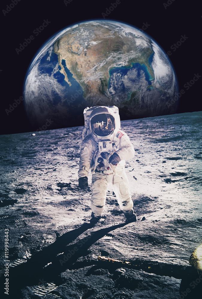Canvas Prints astronaut walking on moon with earth in background. elements of