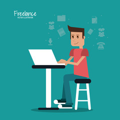Cartoon man sitting with laptop on table. Work at home and freelance theme. Colorful design. Vector illustration