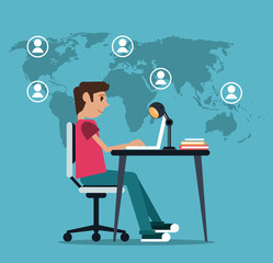 Cartoon man sitting with laptop on table. Work at home and freelance theme. Colorful design. Map and media background. Vector illustration