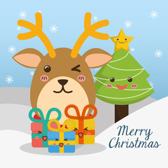 Reindeer and pine tree cartoon icon. Merry Christmas decoration and season theme. Colorful design. Vector illustration