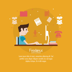 Cartoon man sitting with computer on table. Work at home and freelance theme. Colorful design. Vector illustration