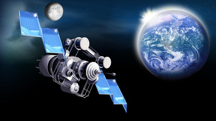 Satellit auf der Umlaufbahn im Weltall,  Erde und Mond - obrazy, fototapety, plakaty