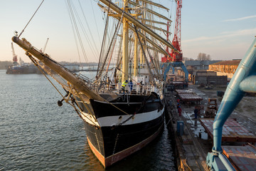 sailboat mooring, old ship sail, tall masts with sails