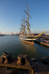 sailboat mooring, old ship sail, tall masts with sails
