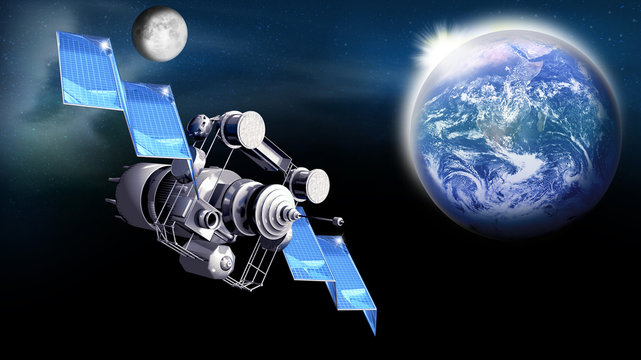 Satellit auf der Umlaufbahn im Weltall,  Erde und Mond