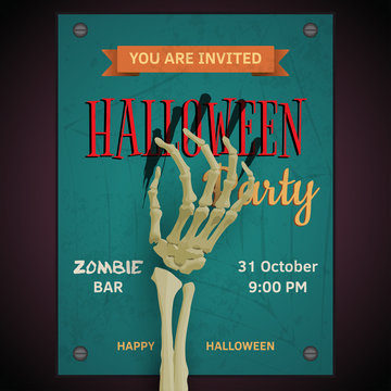 Vector Halloween party poster  with dead man's zombie arm on inv