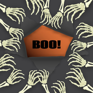 Vector Halloween background with skeleton arm for promotional, party, sale offers, invitations design, banners.