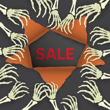Vector Halloween background with skeleton arm for promotional, party, sale offers, invitations design, banners.