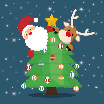 Santa reindeer and pine tree cartoon icon. Merry Christmas decoration and season theme. Colorful design. Vector illustration