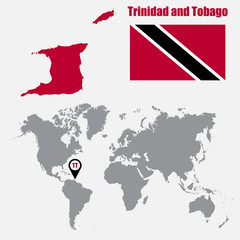 Trinidad and Tobago map on a world map with flag and map pointer. Vector illustration