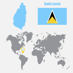 Saint Lucia map on a world map with flag and map pointer. Vector illustration