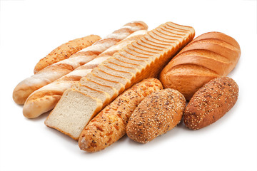 toast bread and pastry isolated on white