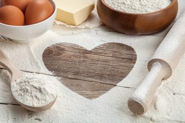 Products for baking flour egg butter on the table